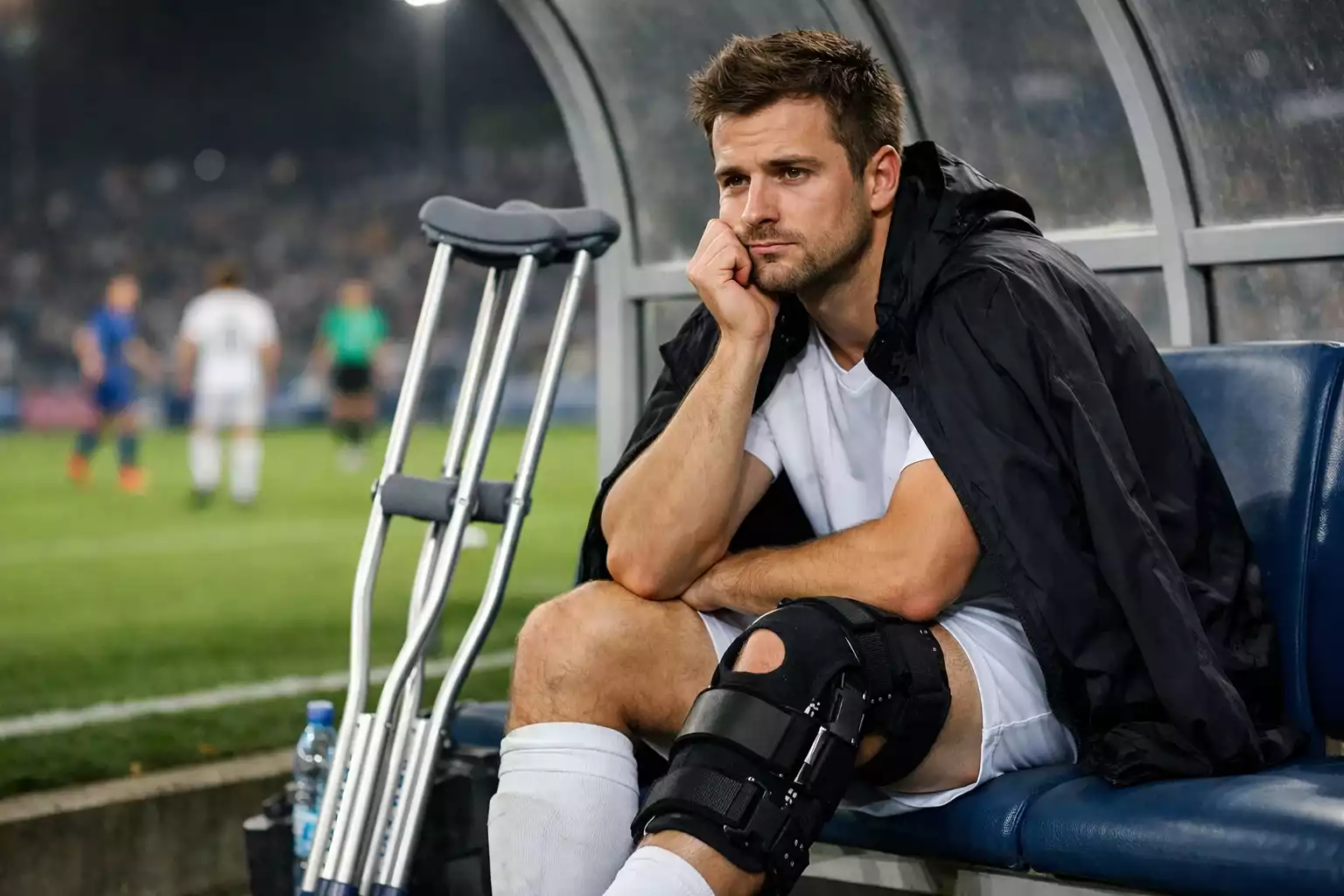 Joueur de football bless&eacute; assis sur le banc avec b&eacute;quilles