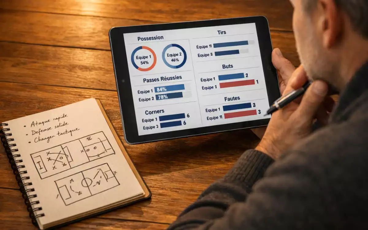 Personne analysant des statistiques de match de football sur tablette avec notes