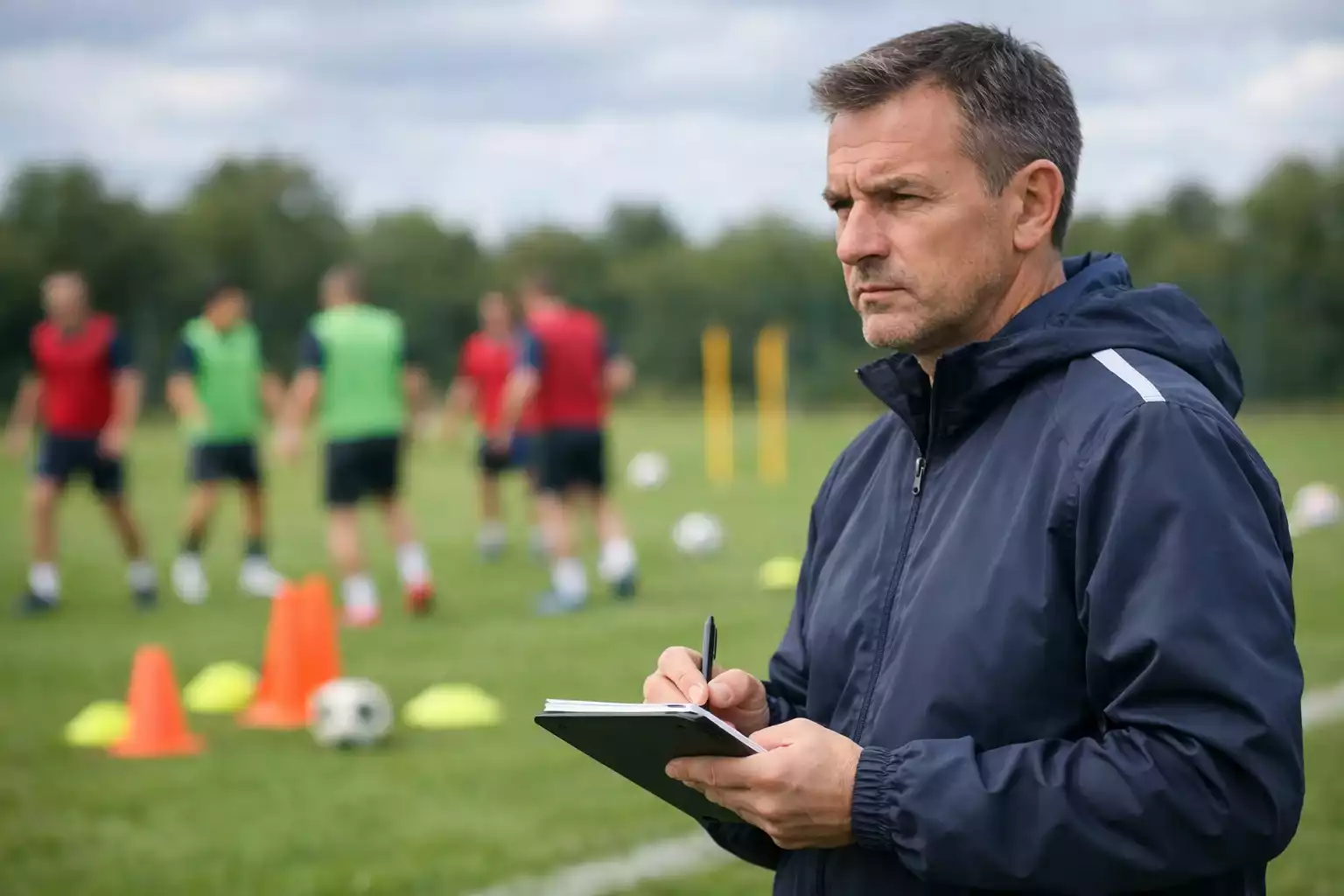 Entra&icirc;neur de football observant son &eacute;quipe pendant un entra&icirc;nement