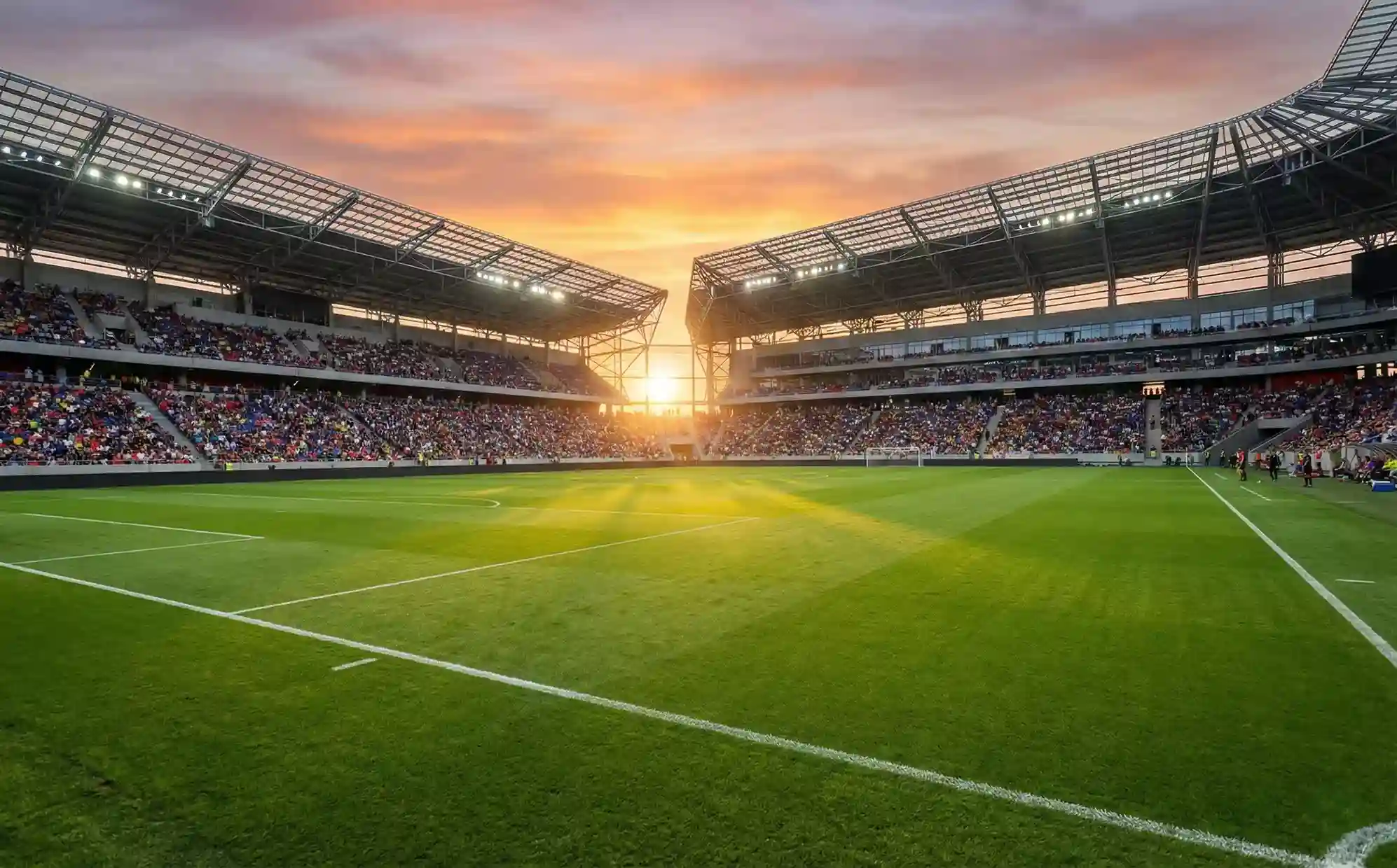 Stade de football professionnel vu depuis les tribunes au coucher du soleil