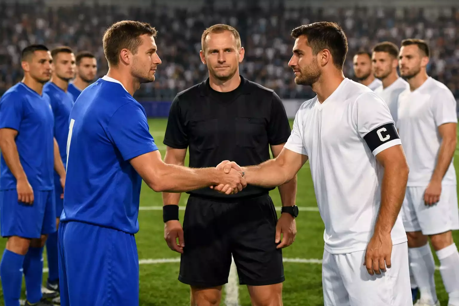 Deux &eacute;quipes de football se saluant avant un match de rivalit&eacute;