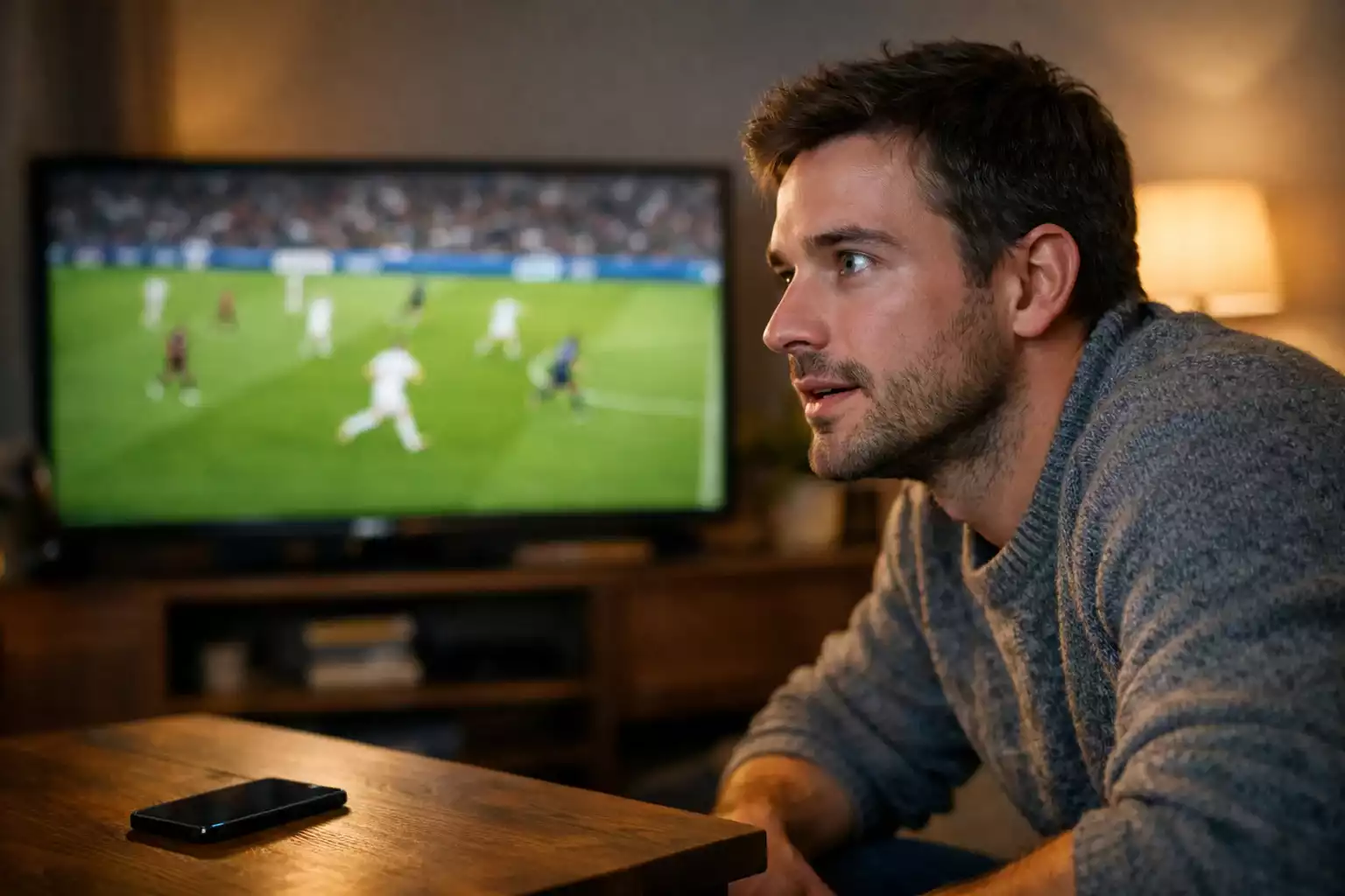 Supporter français devant écran avec match de football