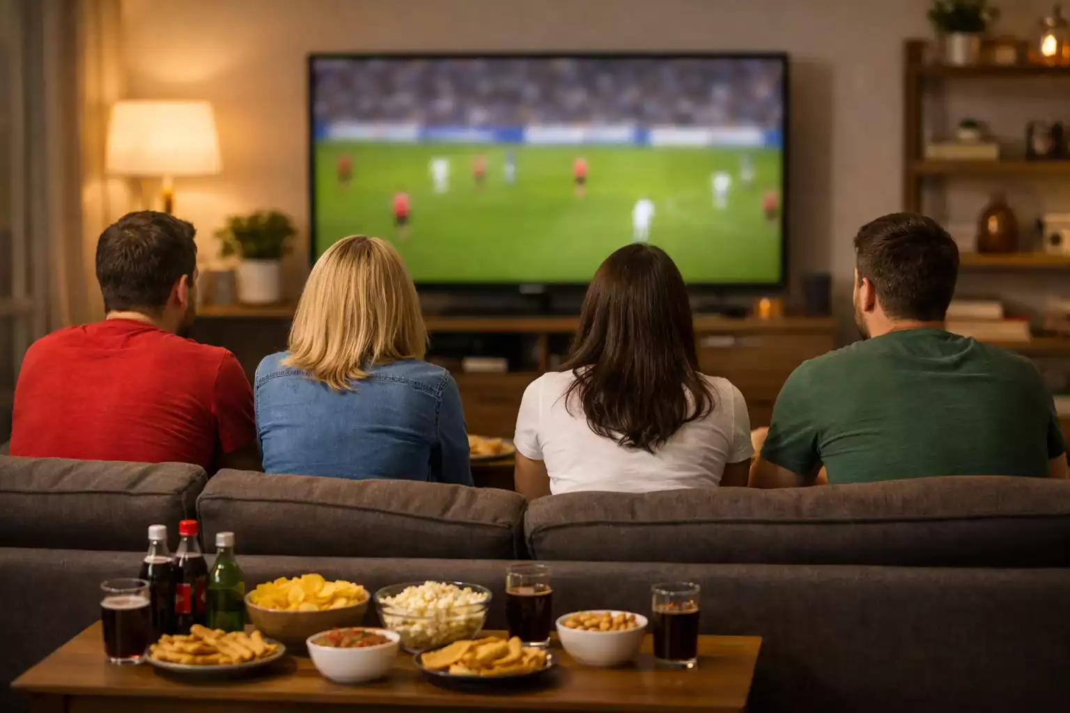Groupe d'amis regardant un match de football dans un salon de manière détendue