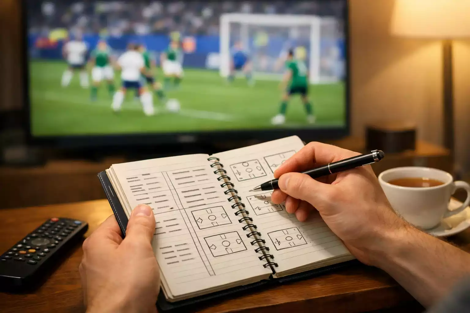Personne prenant des notes dans un carnet devant un match de football