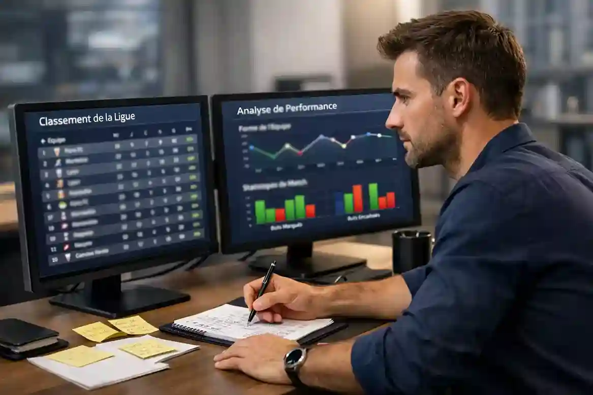 Analyste sportif &eacute;tudiant des statistiques de match sur ordinateur