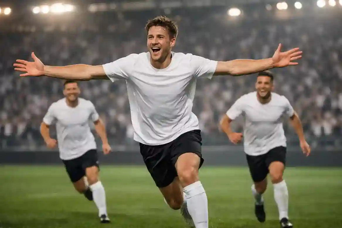 Attaquant de football c&eacute;l&eacute;brant un but avec ses co&eacute;quipiers