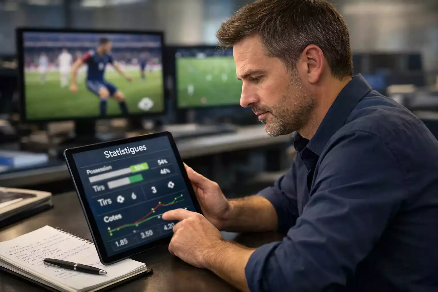Journaliste sportif avec tablette analysant des statistiques