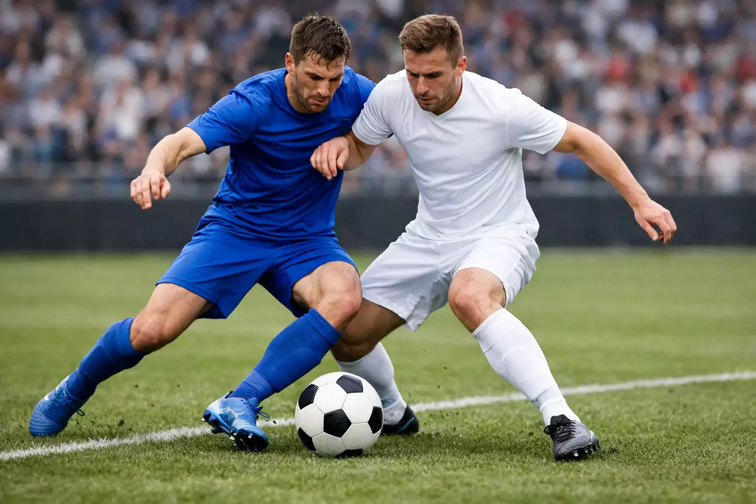 Joueurs de football en action sur terrain de gazon pendant un match professionnel